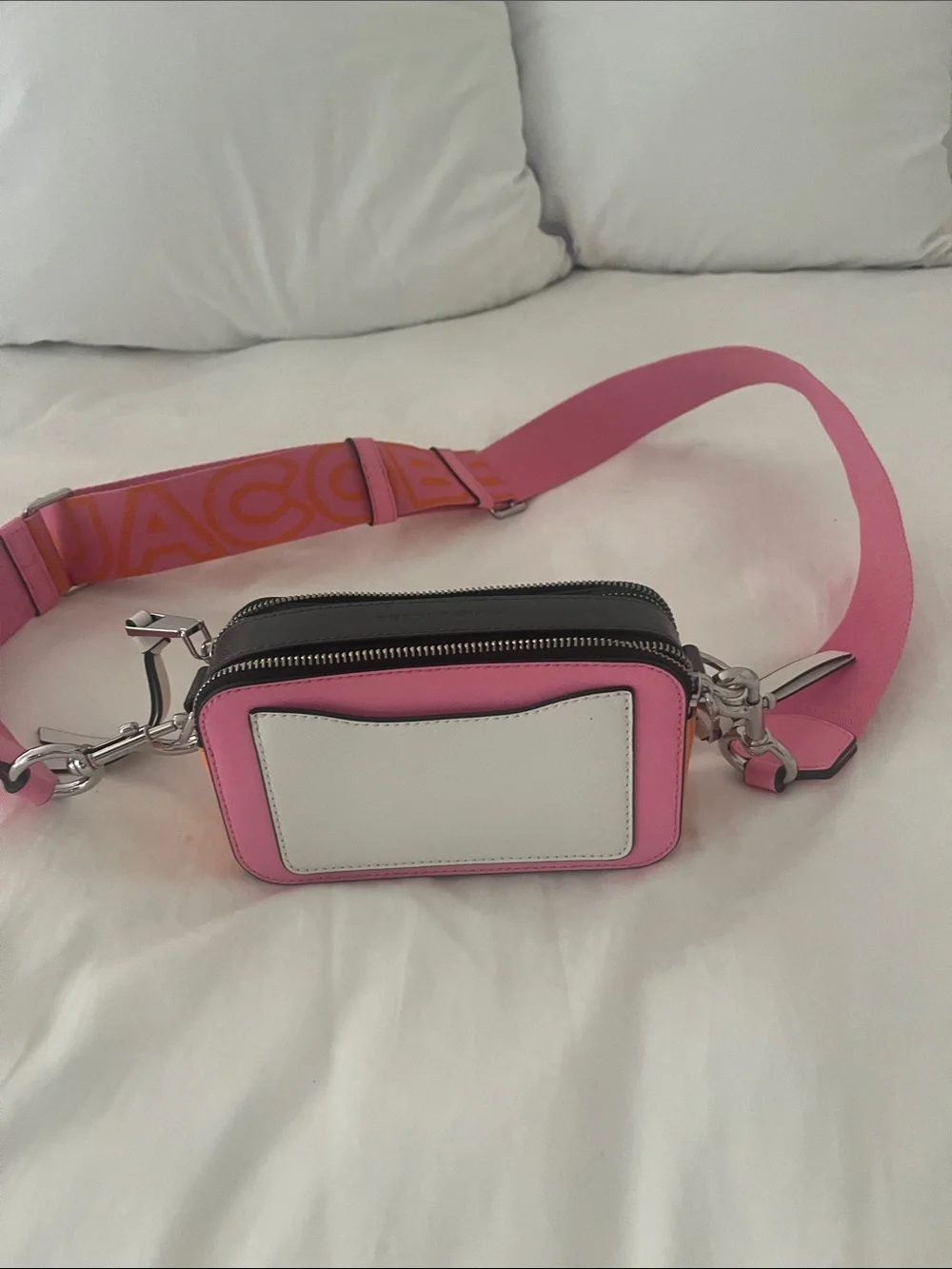 Marc Jacobs Pink Leather Snapshot with Pink & Orange Logo Strap